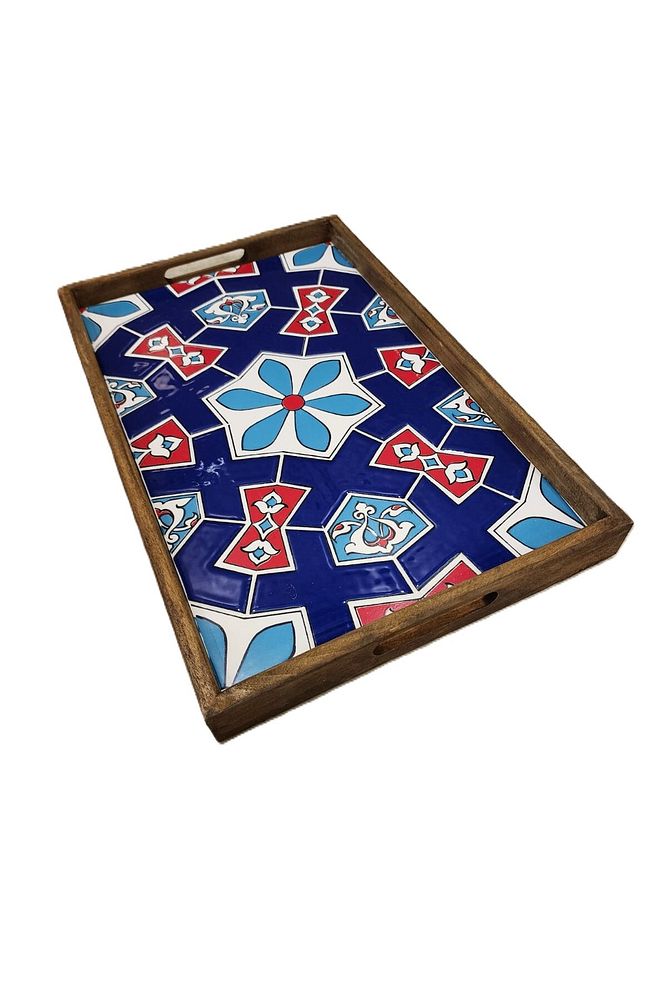 Tepsi 25 x 40 cm Çini MiA-DS Ahşap Fırınlanmış Kuru Kayın Çinili Sunum Tepsisi