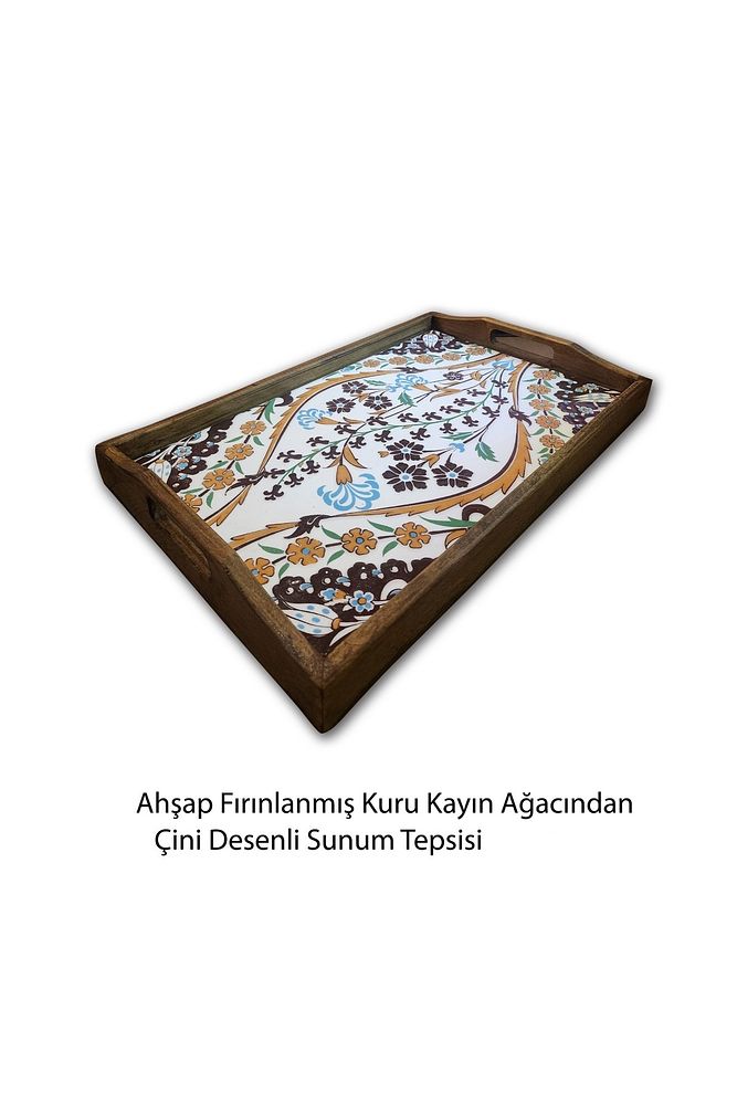 Şems Çini Mia-104 Ahşap Fırınlanmış Kuru Kayın Çinili Tepsi 25 X 40 Cm