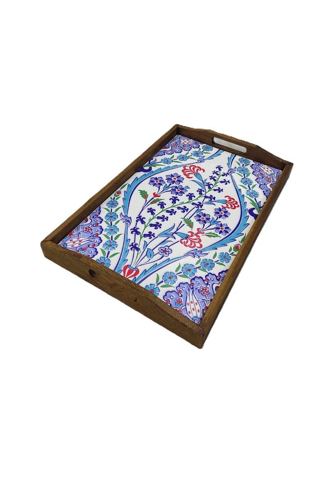 Şems Çini Mia-104 Ahşap Fırınlanmış Kuru Kayın Çinili Tepsi 25 X 40 Cm
