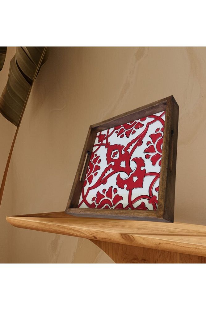 20 X 20 Cm Nihale Çini Mia-83t Ahşap Fırınlanmış Kuru Kayın Çinili Sunum Tepsisi