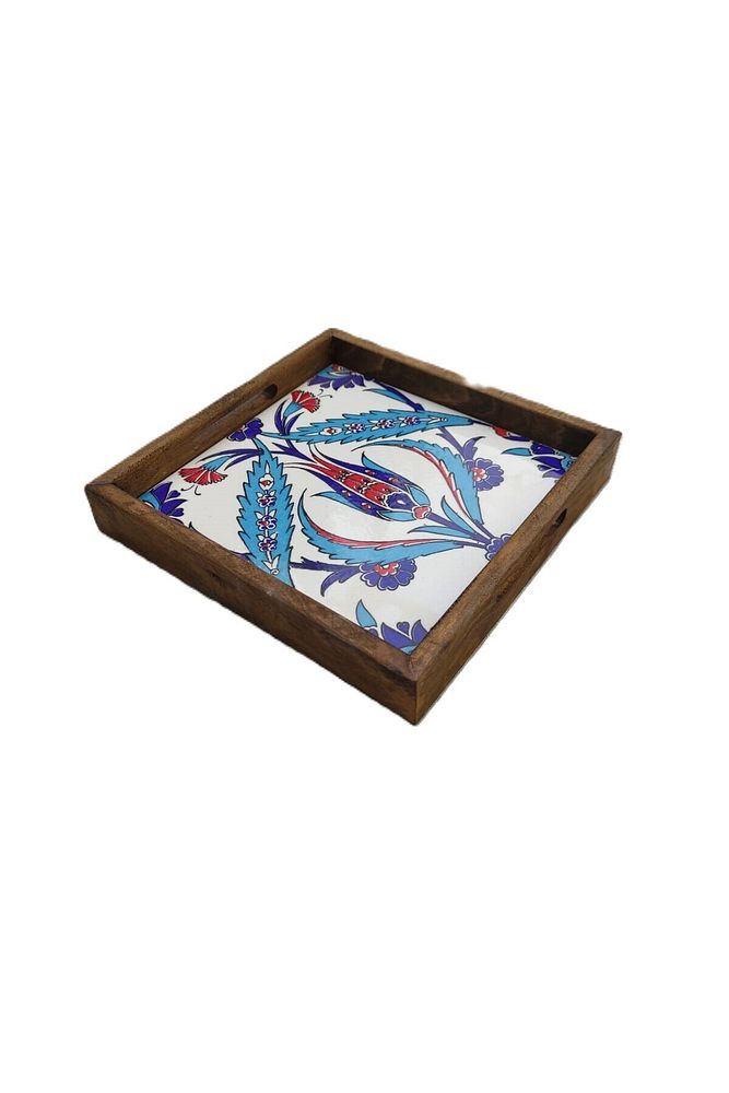 20 X 20 Cm Nihale Çini Mia-83t Ahşap Fırınlanmış Kuru Kayın Çinili Sunum Tepsisi