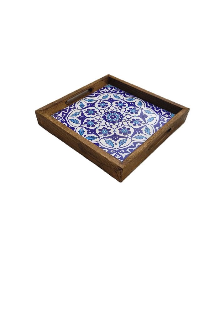 20 X 20 Cm Nihale Çini Mia-83t Ahşap Fırınlanmış Kuru Kayın Çinili Sunum Tepsisi