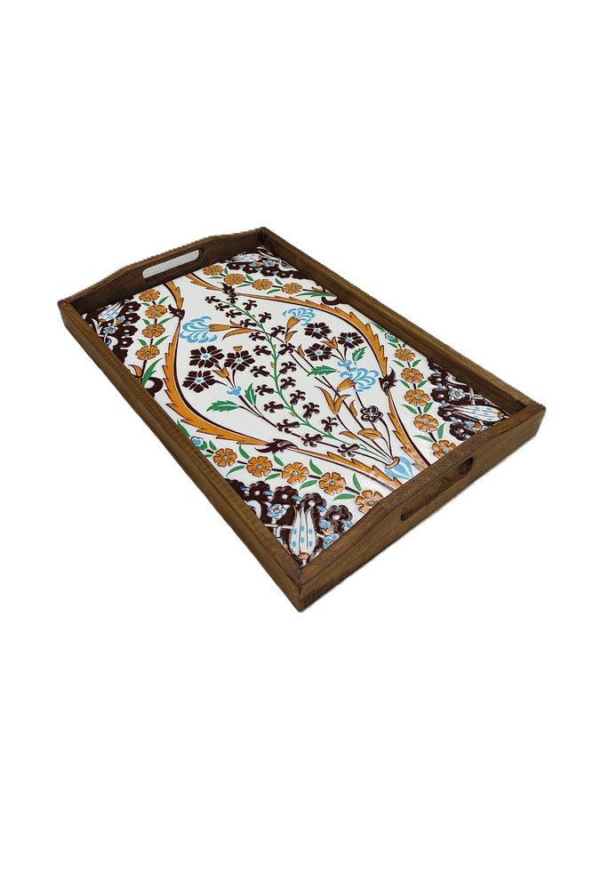Şems Çini Mia-104 Ahşap Fırınlanmış Kuru Kayın Çinili Tepsi 25 X 40 Cm