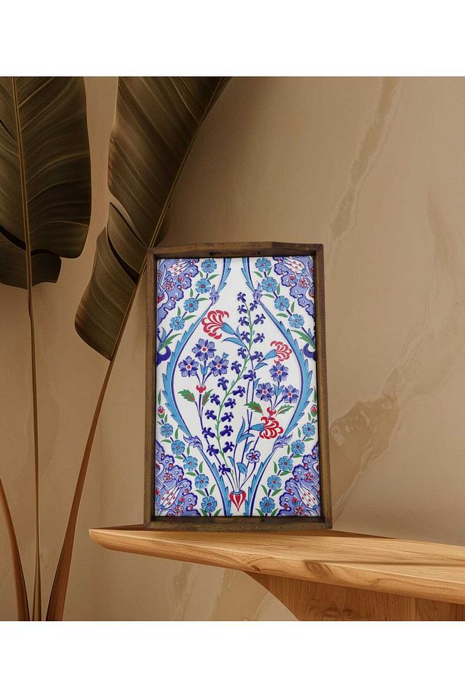 Şems Çini Mia-104 Ahşap Fırınlanmış Kuru Kayın Çinili Tepsi 25 X 40 Cm