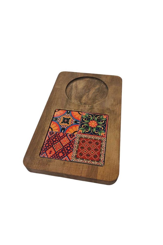 Zümrüt Çini Mia-KARMA Ahşap Fırınlanmış Kuru Kayın Çinili Sunum Tepsisi 14*23 Cm
