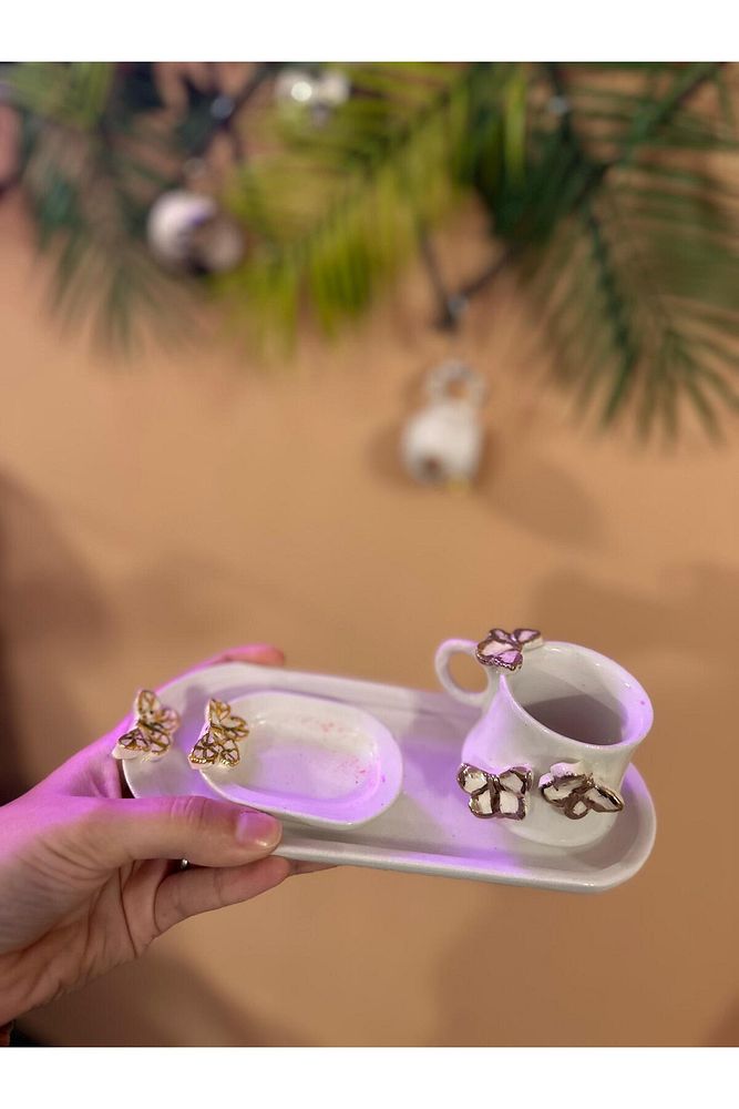 Kelebek Figür Lokumluklu El Yapımı Seramik Bardak Kupa Mug Seti