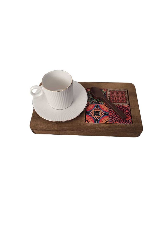 Zümrüt Çini Mia-KARMA Ahşap Fırınlanmış Kuru Kayın Çinili Sunum Tepsisi 14*23 Cm