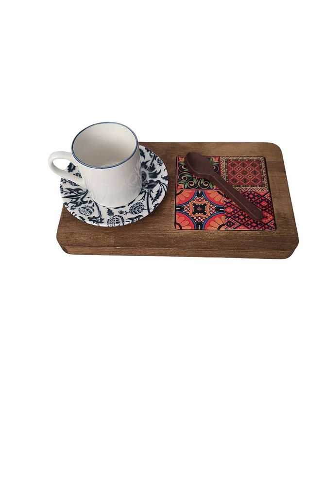Zümrüt Çini Mia-KARMA Ahşap Fırınlanmış Kuru Kayın Çinili Sunum Tepsisi 14*23 Cm