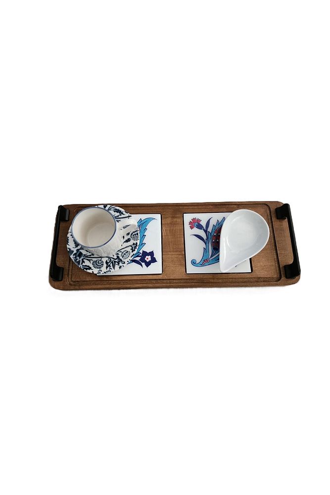 Zümrüt Çini Mia-KARMA Ahşap Fırınlanmış Kuru Kayın Çinili Sunum Tepsisi 14*23 Cm