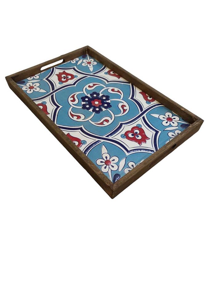 Tepsi 25 x 40 cm Çini MiA-DS Ahşap Fırınlanmış Kuru Kayın Çinili Sunum Tepsisi