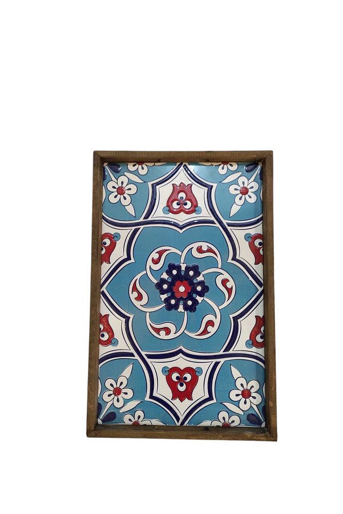 Tepsi 25 x 40 cm Çini MiA-DS Ahşap Fırınlanmış Kuru Kayın Çinili Sunum Tepsisi