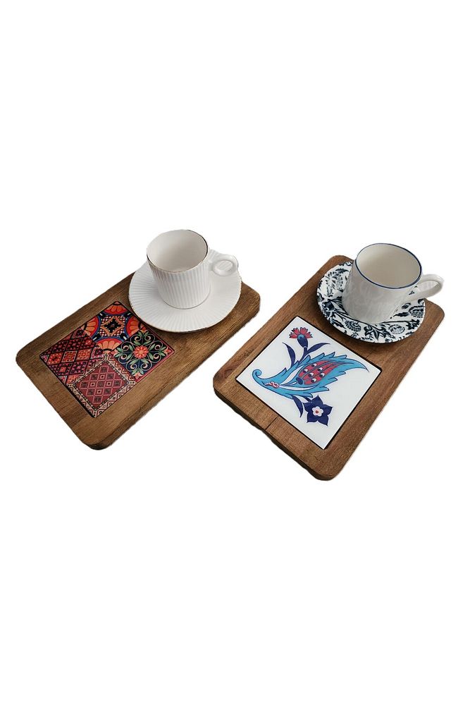Zümrüt Çini Mia-KARMA Ahşap Fırınlanmış Kuru Kayın Çinili Sunum Tepsisi 14*23 Cm