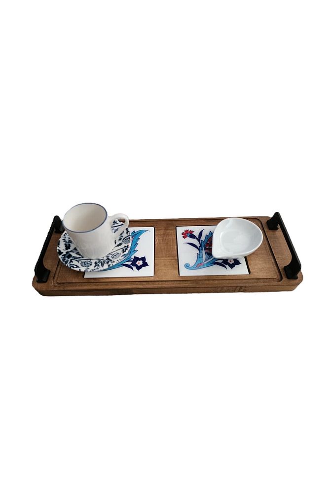 Zümrüt Çini Mia-KARMA Ahşap Fırınlanmış Kuru Kayın Çinili Sunum Tepsisi 14*23 Cm