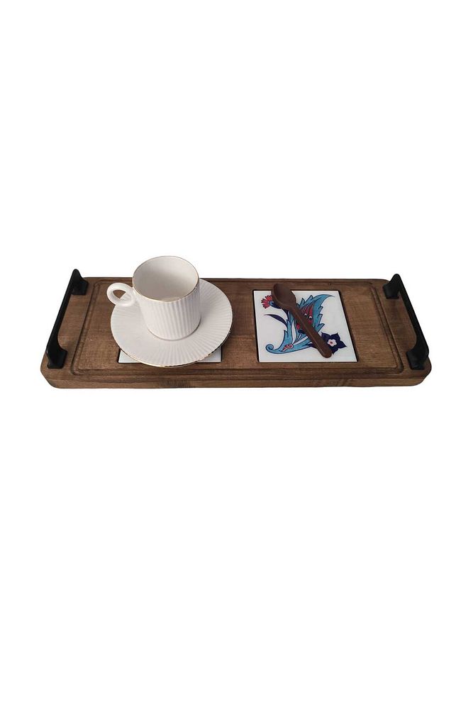 Zümrüt Çini Mia-KARMA Ahşap Fırınlanmış Kuru Kayın Çinili Sunum Tepsisi 14*23 Cm