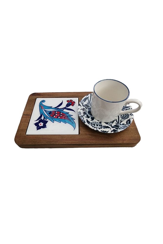 Zümrüt Çini Mia-KARMA Ahşap Fırınlanmış Kuru Kayın Çinili Sunum Tepsisi 14*23 Cm