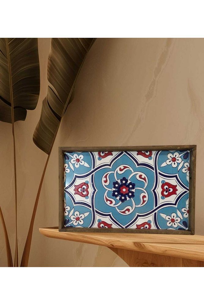 Tepsi 25 x 40 cm Çini MiA-DS Ahşap Fırınlanmış Kuru Kayın Çinili Sunum Tepsisi