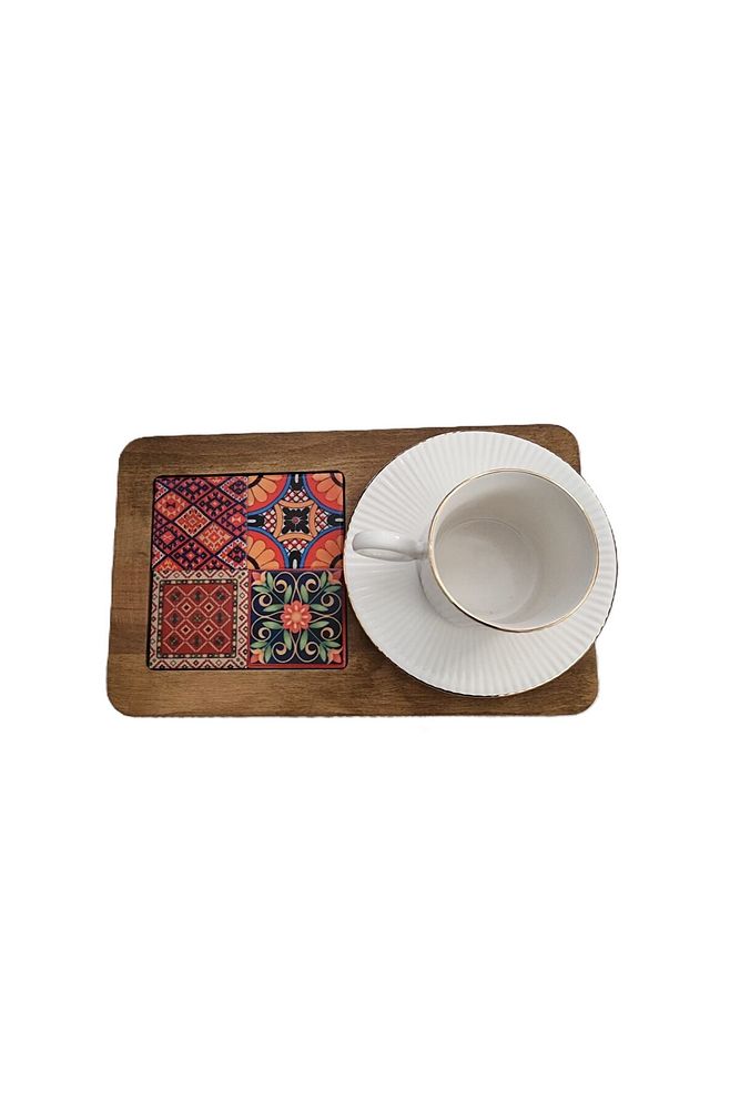 Zümrüt Çini Mia-KARMA Ahşap Fırınlanmış Kuru Kayın Çinili Sunum Tepsisi 14*23 Cm