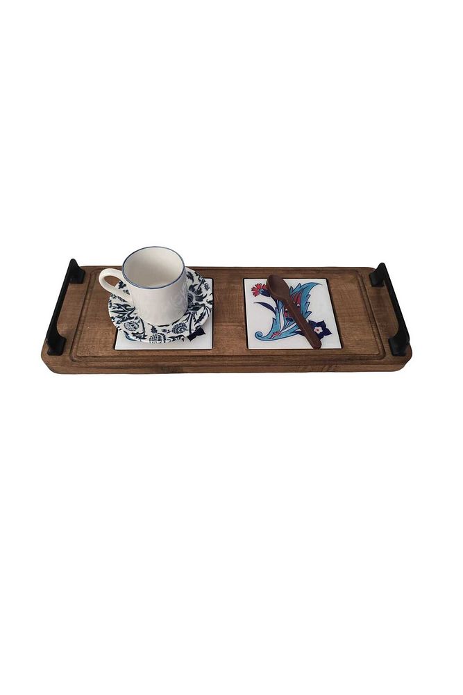 Zümrüt Çini Mia-KARMA Ahşap Fırınlanmış Kuru Kayın Çinili Sunum Tepsisi 14*23 Cm