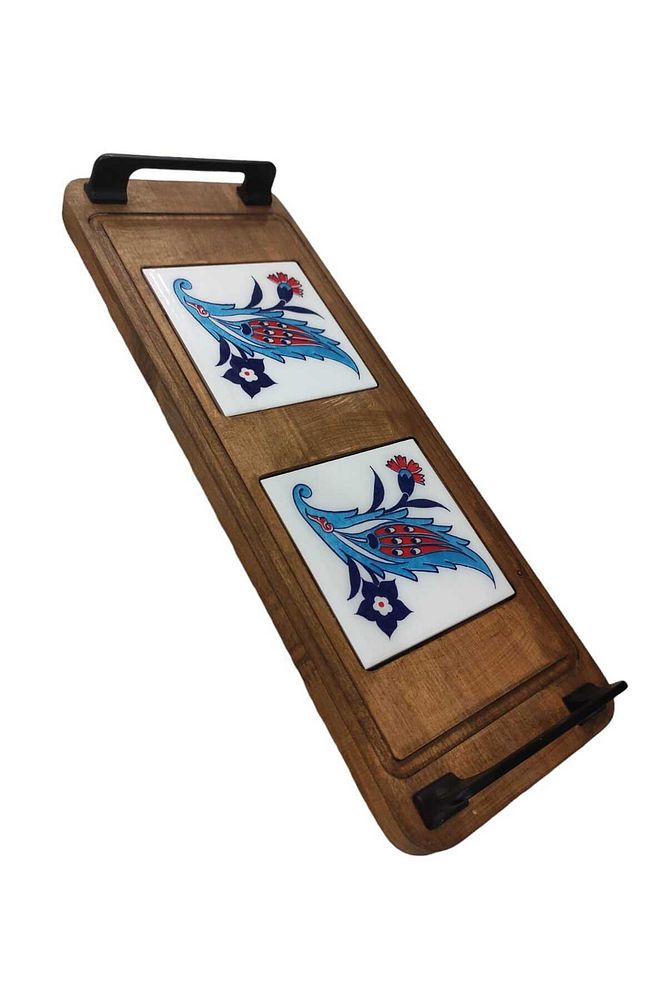 Zümrüt Çini Mia-KARMA Ahşap Fırınlanmış Kuru Kayın Çinili Sunum Tepsisi 14*23 Cm