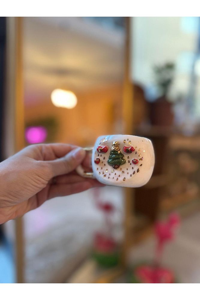 Çam Ağacı Figür Yeni Yıl  El Yapımı Seramik Bardak Kupa Mug