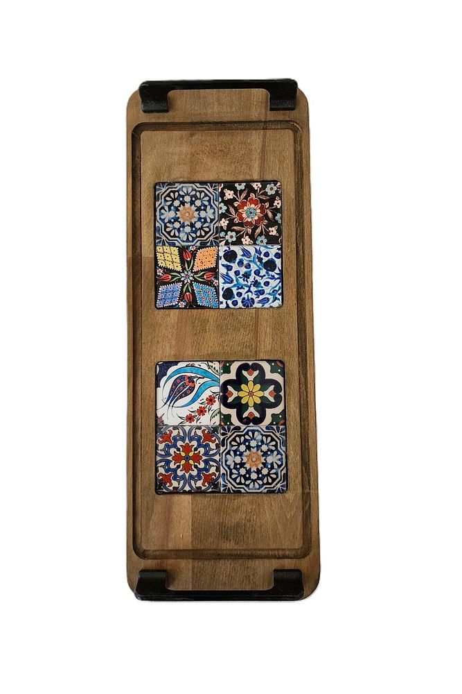 Zühre Çini Mia-karma Ahşap Fırınlanmış Kuru Kayın Çinili Sunum Tepsisi 14*40 Cm