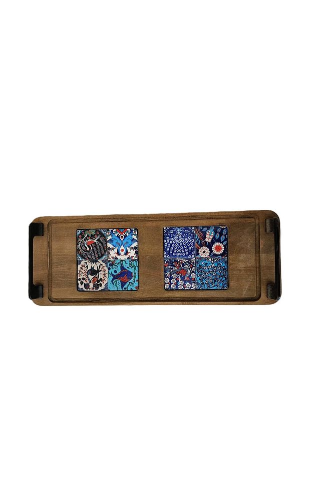 Zühre Çini Mia-karma Ahşap Fırınlanmış Kuru Kayın Çinili Sunum Tepsisi 14*40 Cm