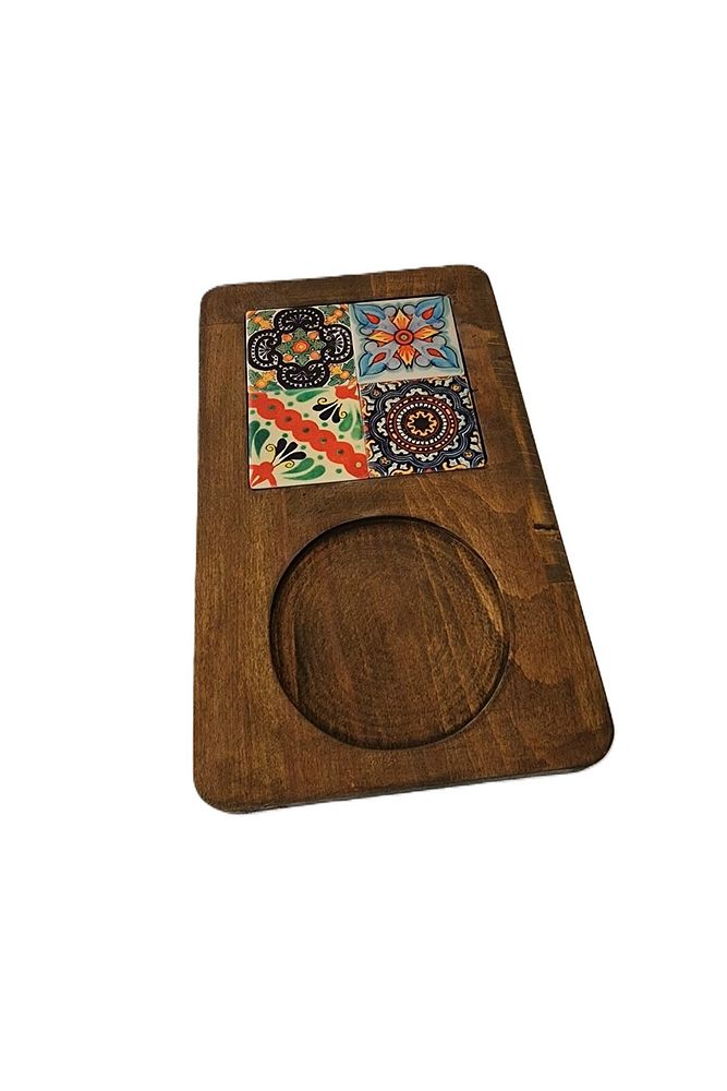 Zümrüt Çini Mia-KARMA Ahşap Fırınlanmış Kuru Kayın Çinili Sunum Tepsisi 14*23 Cm