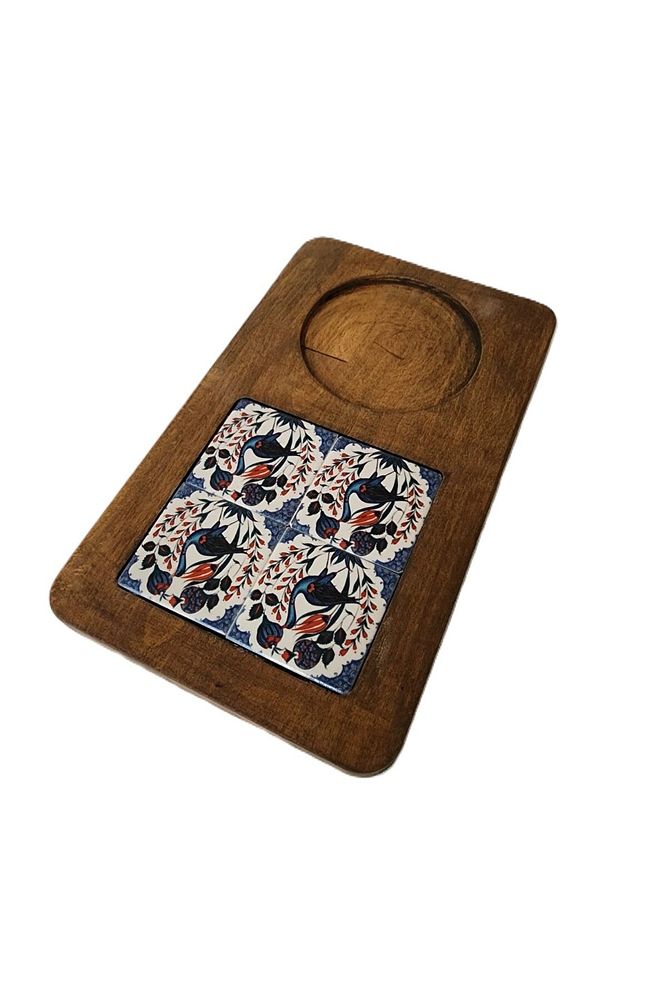 Zümrüt Çini Mia-KARMA Ahşap Fırınlanmış Kuru Kayın Çinili Sunum Tepsisi 14*23 Cm