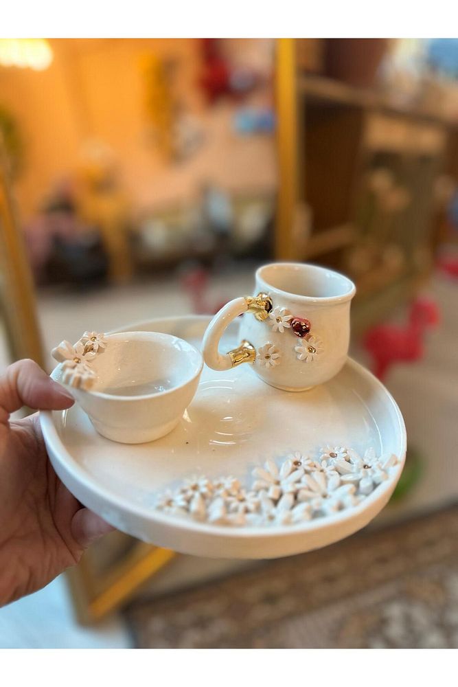 Papatya Fincan Set Seramik Lokumluk Bardak Mug Kahve Fincanı