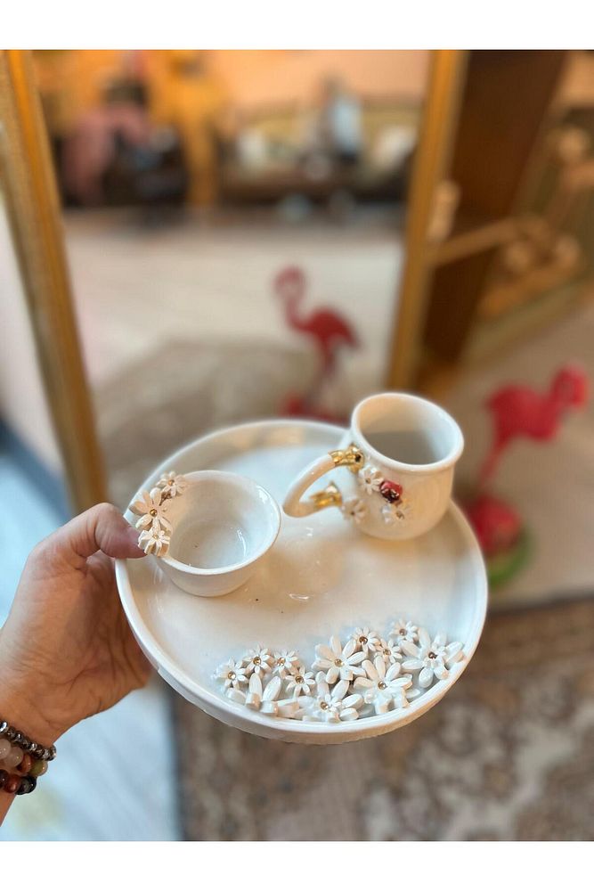 Papatya Fincan Set Seramik Lokumluk Bardak Mug Kahve Fincanı