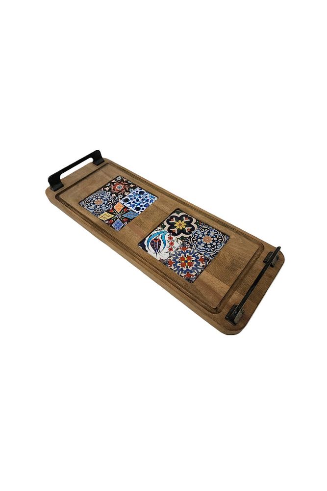 Zühre Çini Mia-karma Ahşap Fırınlanmış Kuru Kayın Çinili Sunum Tepsisi 14*40 Cm