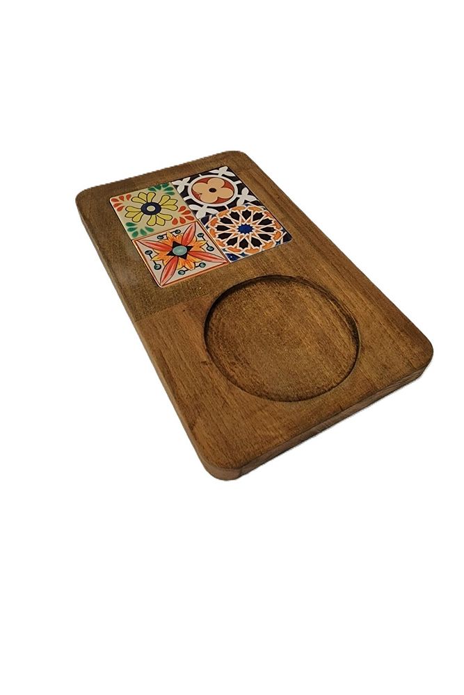 Zümrüt Çini Mia-KARMA Ahşap Fırınlanmış Kuru Kayın Çinili Sunum Tepsisi 14*23 Cm