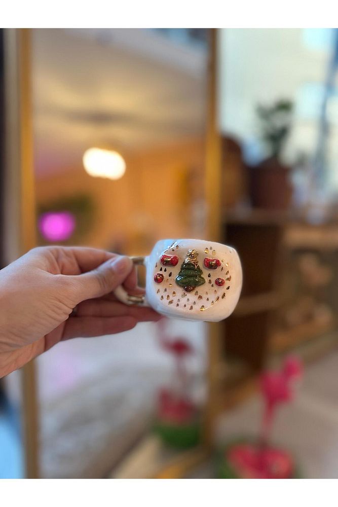 Çam Ağacı Figür Yeni Yıl  El Yapımı Seramik Bardak Kupa Mug