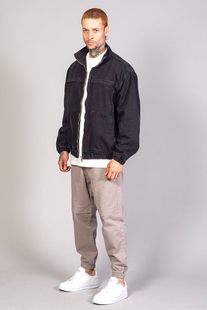 Barrels And Oil Erkek Oversize 90'S  Beli ve Kolu Lastikli Fermuarlı Cepli Bomber Kot Ceket