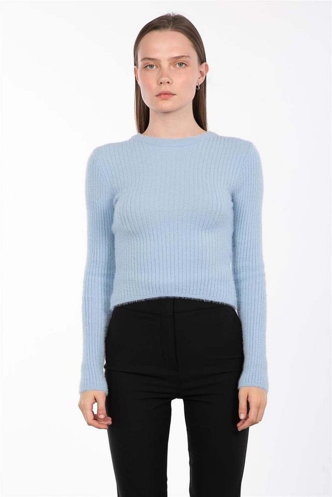 Kadın Standart Beden Bisiklet Yaka Basic Fitilli Triko Crop Body