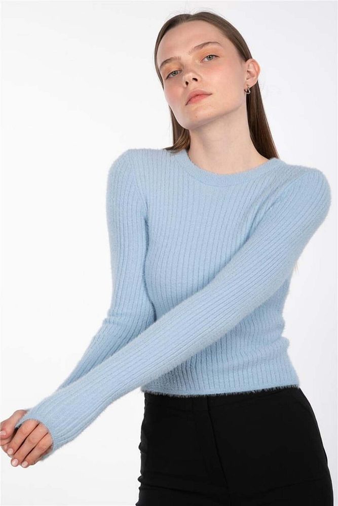 Kadın Standart Beden Bisiklet Yaka Basic Fitilli Triko Crop Body