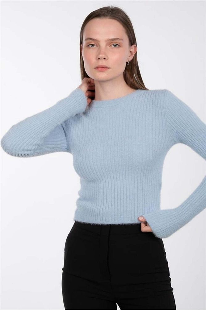 Kadın Standart Beden Bisiklet Yaka Basic Fitilli Triko Crop Body