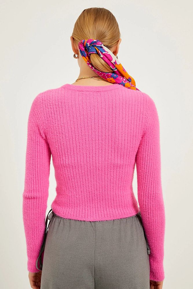Kadın Standart Beden Bisiklet Yaka Basic Fitilli Triko Crop Body