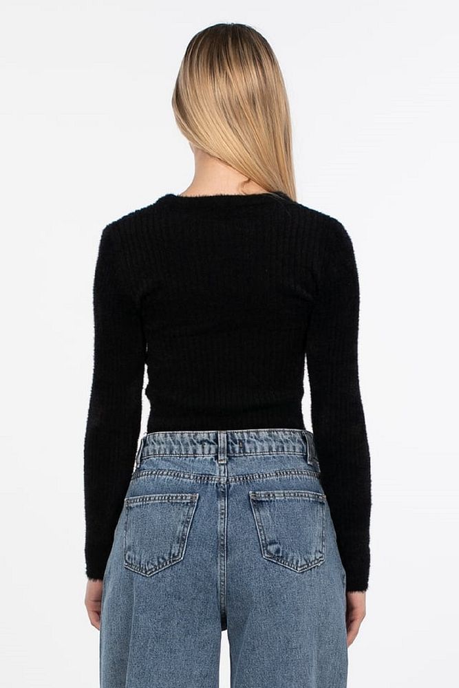 Kadın Standart Beden Bisiklet Yaka Basic Fitilli Triko Crop Body