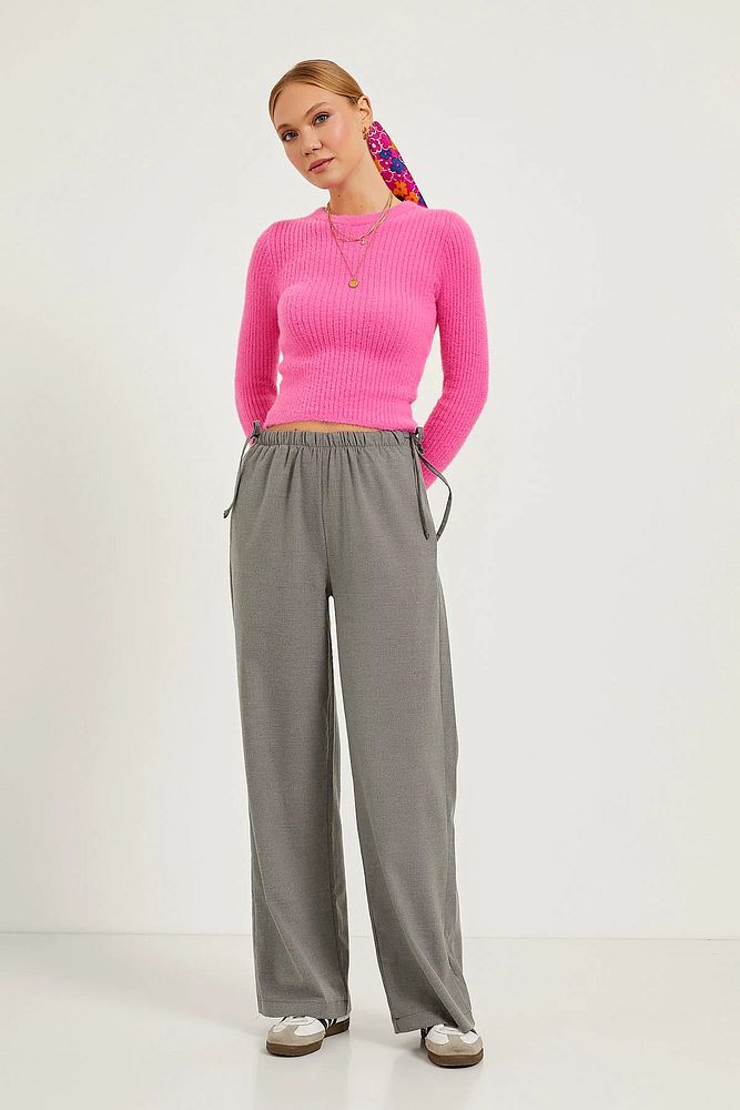 Kadın Standart Beden Bisiklet Yaka Basic Fitilli Triko Crop Body