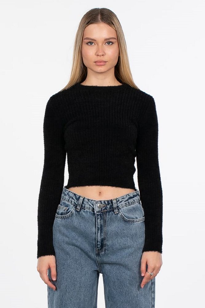 Kadın Standart Beden Bisiklet Yaka Basic Fitilli Triko Crop Body