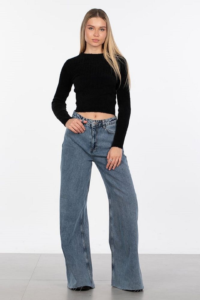 Kadın Standart Beden Bisiklet Yaka Basic Fitilli Triko Crop Body