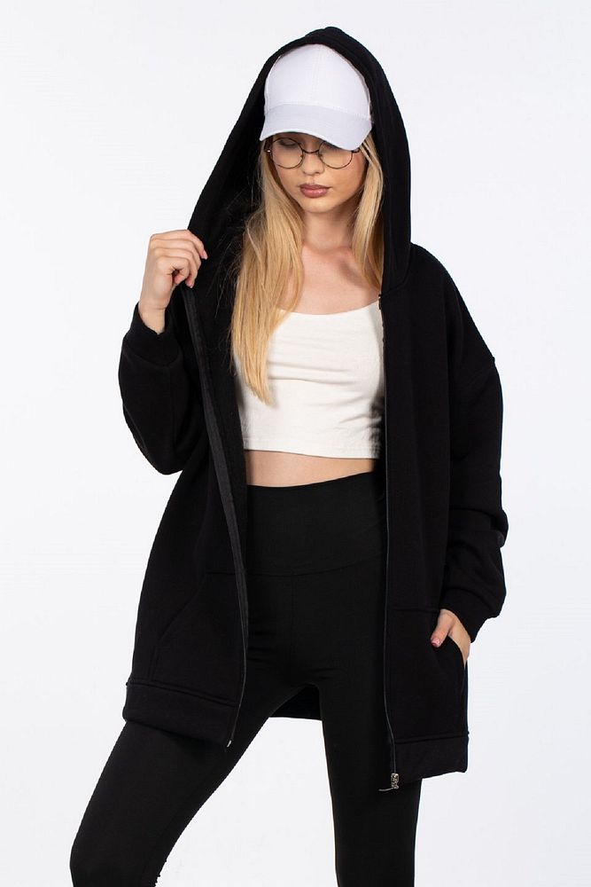 Kadın Oversize Fermuarlı Kapüşonlu 3 İplik Şardonlu Uzun Hırka Sweatshirt