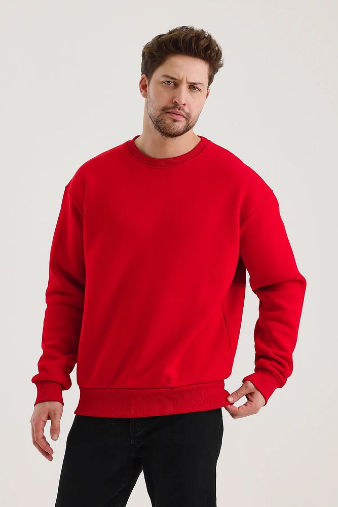 Oversize Bisiklet Yaka Ribanalı 3 İplik Şardonlu Sweatshirt