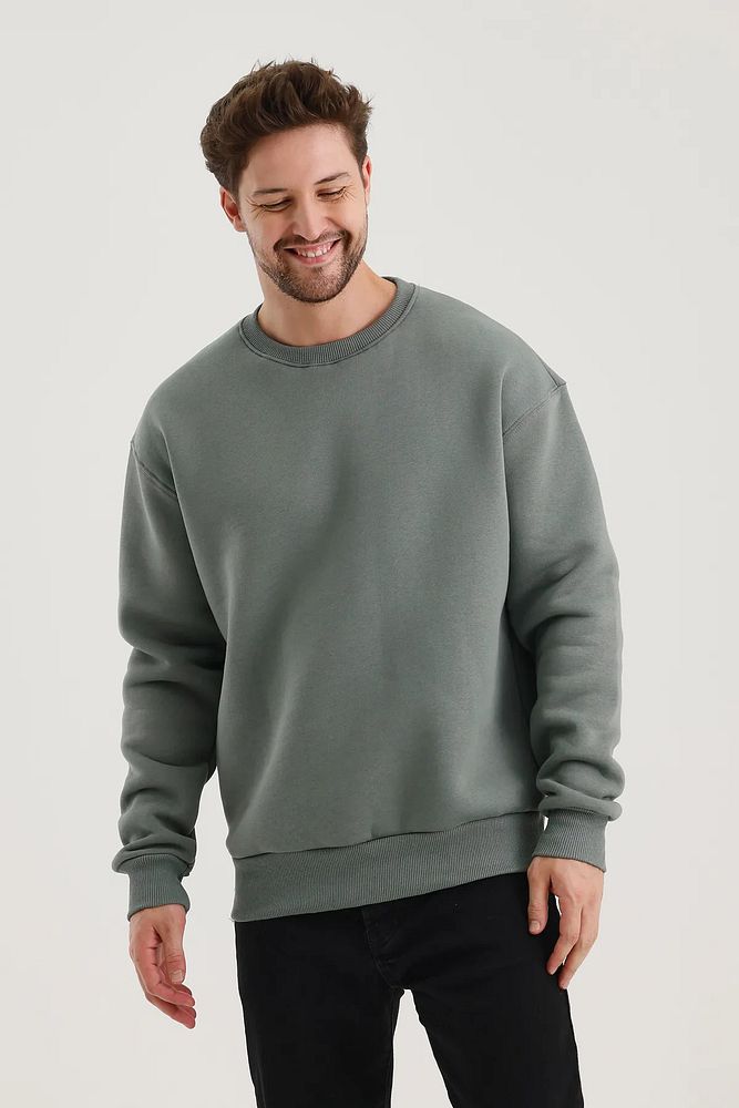 Oversize Bisiklet Yaka Ribanalı 3 İplik Şardonlu Sweatshirt
