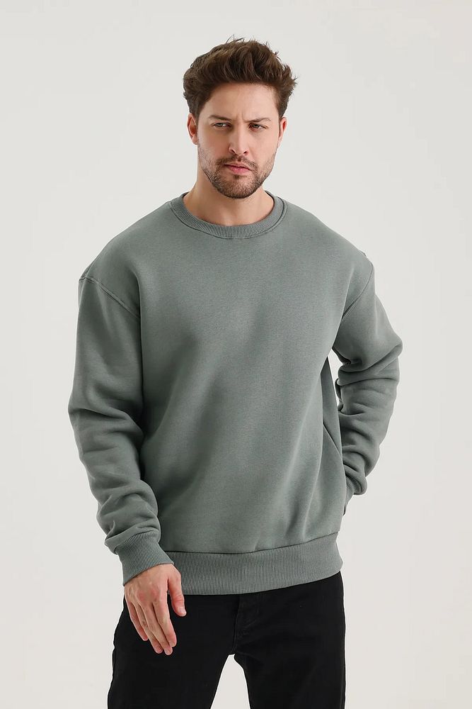 Oversize Bisiklet Yaka Ribanalı 3 İplik Şardonlu Sweatshirt