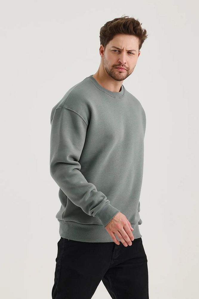 Oversize Bisiklet Yaka Ribanalı 3 İplik Şardonlu Sweatshirt