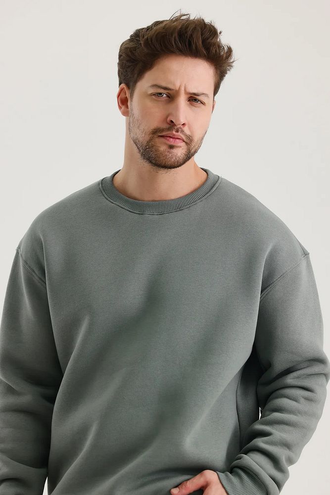 Oversize Bisiklet Yaka Ribanalı 3 İplik Şardonlu Sweatshirt