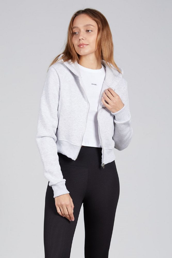Kadın Cepsiz Kapüşonlu Fermuarlı Kısa Sweatshirt  Hırka