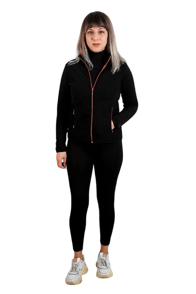 Kadın Siyah Dik Yaka Slim Fit Fermuarlı Esnek Polar Sweat